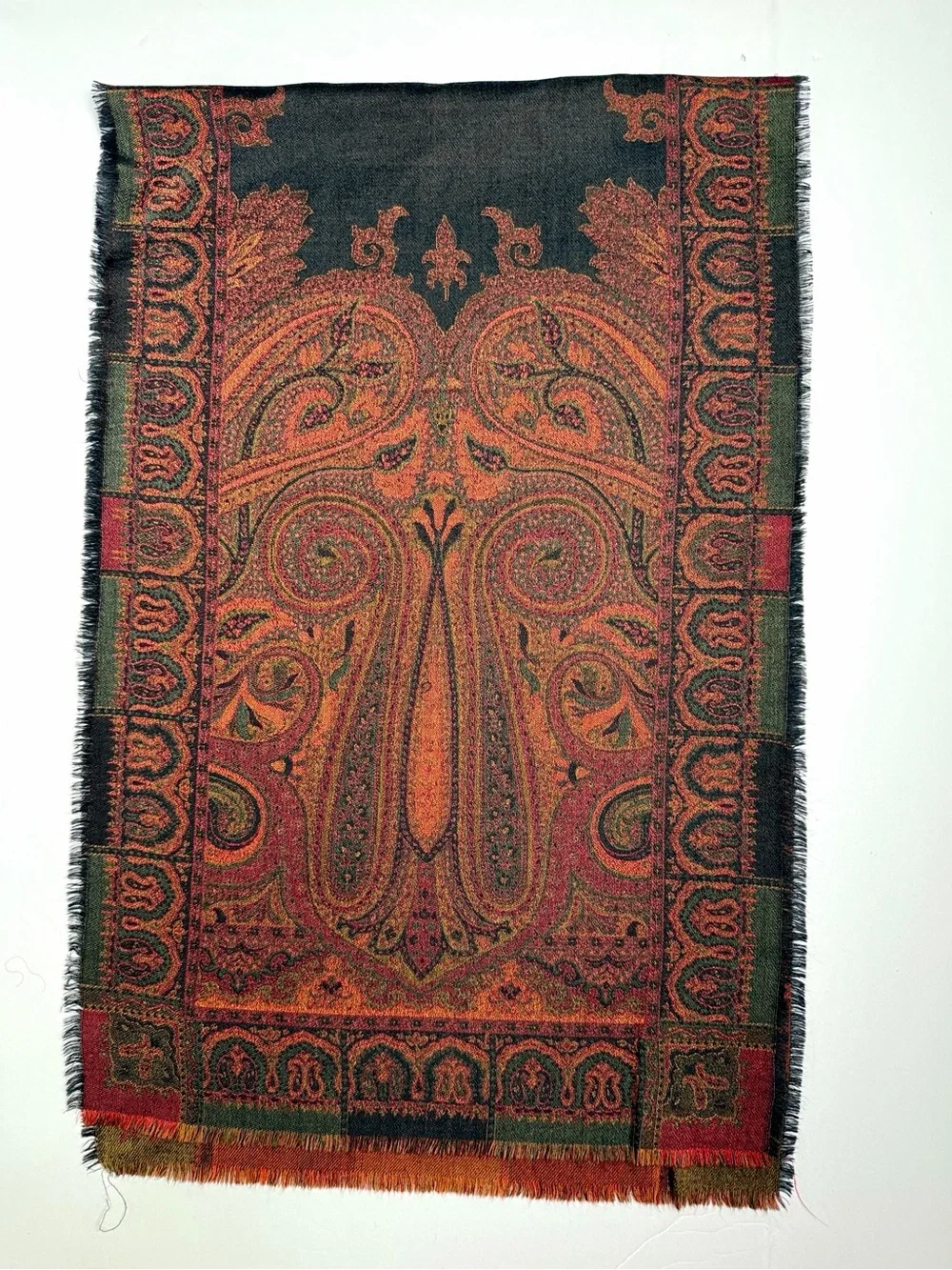 Bohemian Paisley Pashmina Scarf Reversible Earth-tone Brown and Black Wool (?)